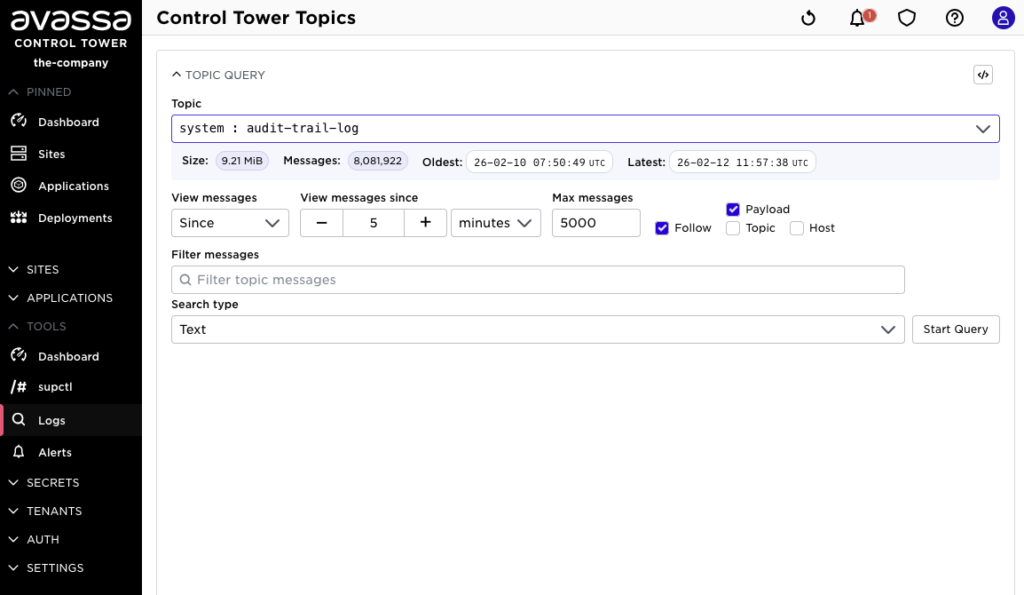 Avassa Control Tower interface showing the system:audit-trail-log topic selected within the Logs section for querying audit data.
