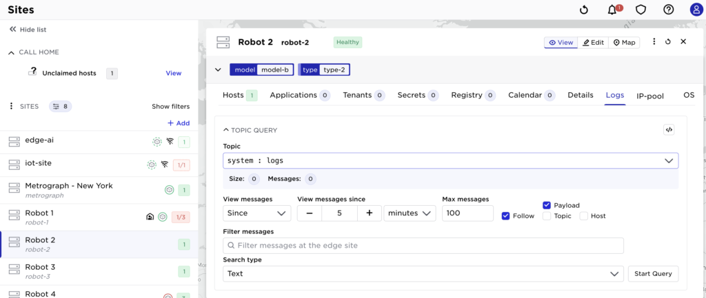 Screenshot of the Avassa Control Tower UI showing the Logs tab for a specific edge site, used to search a single topic on one site.