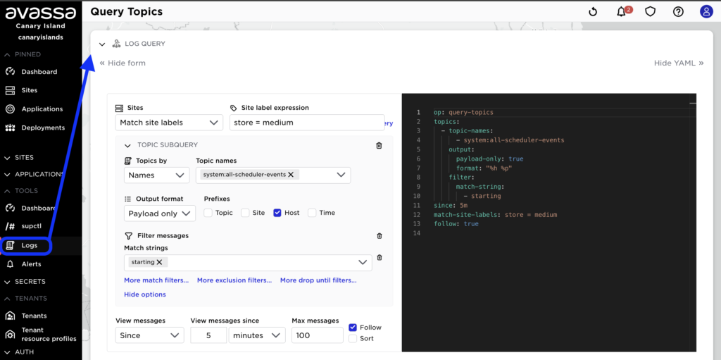 The new Logs view in Avassa Control Tower featuring a distributed query builder to search logs and metrics across multiple sites using labels and filters.