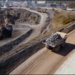 Aerial view of a haul truck at an industrial quarry site from the Avassa edge computing mini documentary