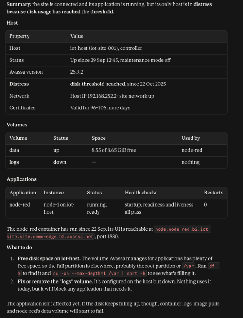 Detailed host and application status for iot-site showing host distress caused by reaching the disk space threshold.