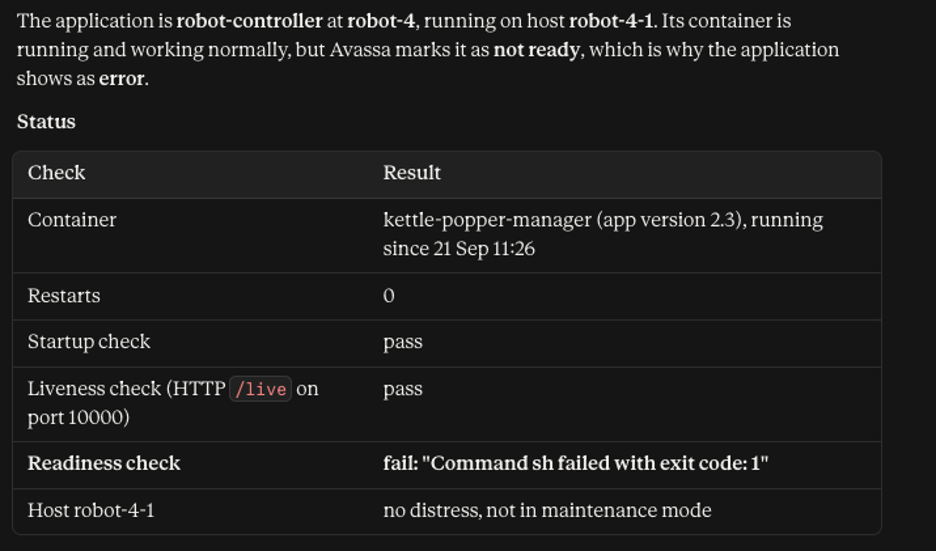 Application status table showing passing startup and liveness checks but a failed readiness check for robot-controller.