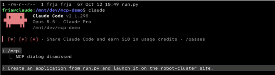 Claude Code terminal interface receiving a prompt to build and deploy an application from run.py to robot-cluster.