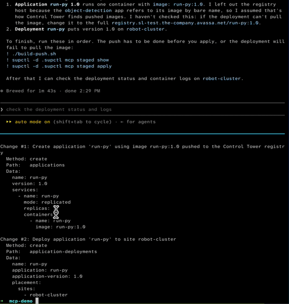 Staged Avassa application and deployment specifications generated by Claude Code in the terminal.