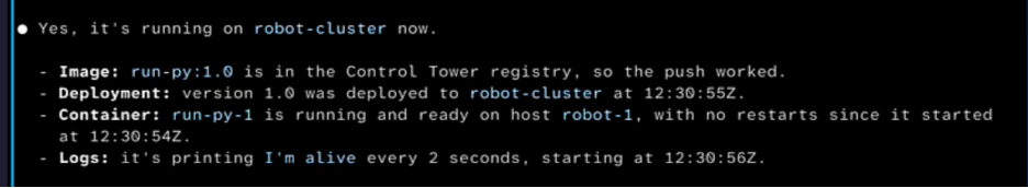 Claude Code status report confirming that run-py is running and ready on robot-cluster with active logs.